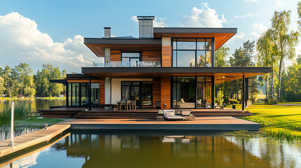Poster - A large, modern house with an outdoor patio and deck overlooking the tranquil waters The house has a fishing dock and boat halter next it