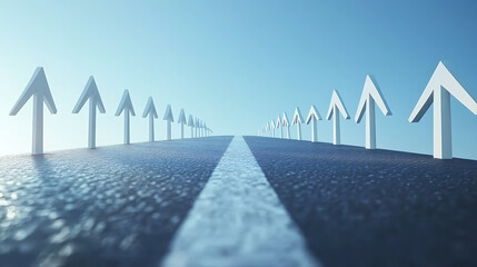 Aufkleber - A long, asphalted road with upward arrows symbolizing growth, development, and the journey to success, Ideal for themes of progress, ambition, and continuous improvement
