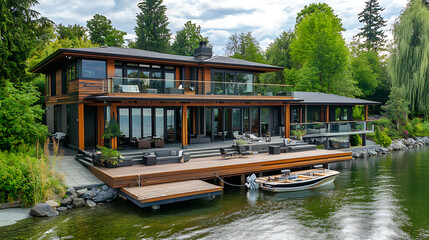 Poster - A large, modern house with an outdoor patio and deck overlooking the tranquil waters The house has a fishing dock and boat halter next it