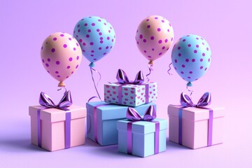 Poster - Pastel Pink and Blue Polka Dot Balloons and Gifts on Purple Background