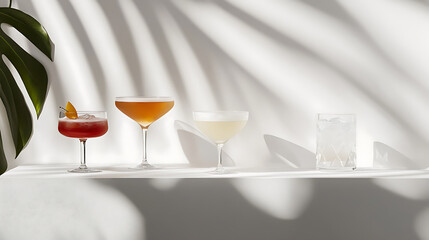 Poster - A minimalist photo of three summer cocktails, each in its own glass with unique shapes and textures, placed on an elegant white surface with the shadow from monstera leaves