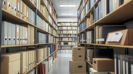 Poster - A modern library room is designed with efficient storage solutions that include neatly arranged storage boxes, folders and documents on shelves