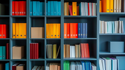 Poster - A modern library room is designed with efficient storage solutions that include neatly arranged storage boxes, folders and documents on shelves