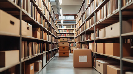 Poster - A modern library room is designed with efficient storage solutions that include neatly arranged storage boxes, folders and documents on shelves