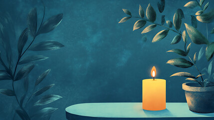 Poster - A serene illustration depicting guided meditation with a candle and plant elements, symbolizing tranquility and mindfulness, Perfect for wellness and relaxation themes