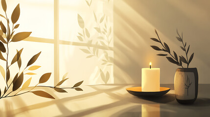 Poster - A serene illustration depicting guided meditation with a candle and plant elements, symbolizing tranquility and mindfulness, Perfect for wellness and relaxation themes
