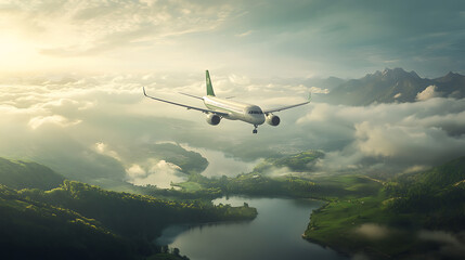 Poster - A serene landscape showcasing eco-friendly travel and green aviation, emphasizing sustainable practices in the travel industry