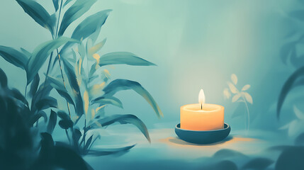 Poster - A serene illustration depicting guided meditation with a candle and plant elements, symbolizing tranquility and mindfulness, Perfect for wellness and relaxation themes