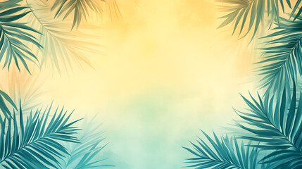 Poster - Background gradient with palm leaves in a light green and orange color palette in the flat design style on a blurred background with soft lighting