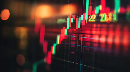 Poster - A stock market graph with red and green colors, blurred background, blurred foreground A colorful stock candlestick chart is displayed on the screen of an online trading platform