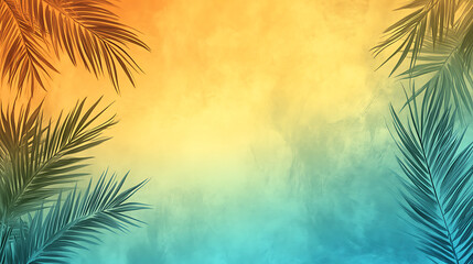Poster - Background gradient with palm leaves in a light green and orange color palette in the flat design style on a blurred background with soft lighting