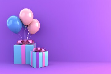 Poster - Two Gift Boxes and Balloons Against a Purple Background