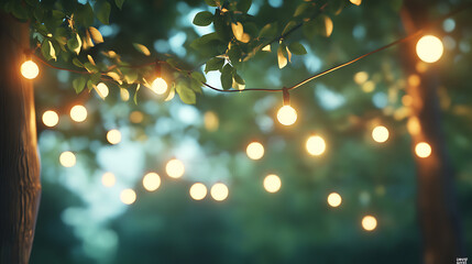 Poster - A string of outdoor lights hanging from an eavesadow, creating a warm and inviting atmosphere for summer events In the background is blurred imagery of trees swaying gently