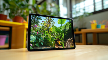 Poster - A tablet on a classroom desk displays an augmented reality hologram of a tree, showcasing kids learning biology and nature using AR technology