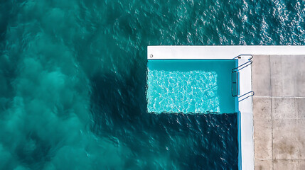 Poster - A top view of the edge of an outdoor swimming pool, focusing on its shimmering turquoise water and white edges