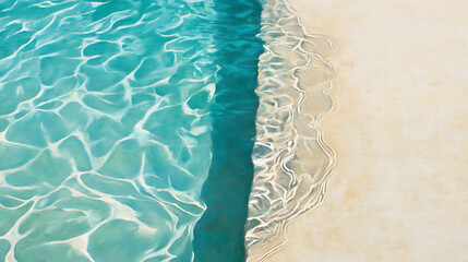 Poster - A top view of the edge of an outdoor swimming pool, focusing on its shimmering turquoise water and white edges