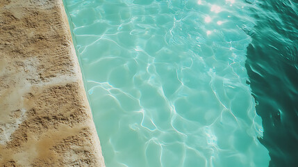 Poster - A top view of the edge of an outdoor swimming pool, focusing on its shimmering turquoise water and white edges
