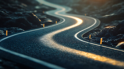 Poster - A winding road leading towards a bright horizon, symbolizing the journey and challenges on the path to achieving success, Ideal for motivational and business themes