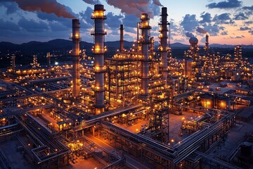 Poster - Illuminated Industrial Complex at Dusk