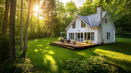Poster - A white house with an elegant wooden deck and green lawn, nestled in the woods with sunlight filtering through tall trees, creating dappled light on its front porch