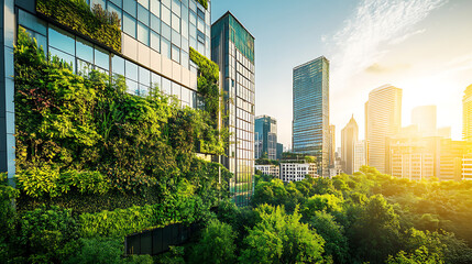 Poster - A vibrant, eco-friendly cityscape showcasing green buildings, renewable energy sources, and lush urban greenery promoting sustainability and environmental consciousness