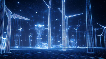 Aufkleber - A wireframe of wind turbines showcasing advanced design and performance analysis, highlighted in blue tones, emphasizing the intricacies of renewable energy technology