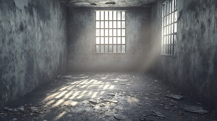 Poster - Abandoned prison cell with dirty floor and broken windows