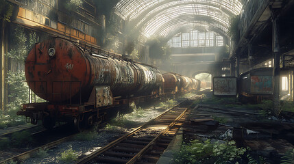 Aufkleber - Abandoned train station with rusty train wagons in an industrial area