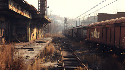 Aufkleber - Abandoned train station with rusty train wagons in an industrial area