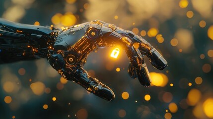 Poster - A Metallic Robotic Hand Holding a Glowing Lock Icon