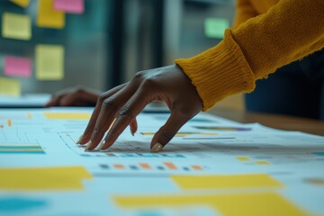 Poster - A Close-Up of a Person's Hand Pointing at a Chart Covered in Sticky Notes
