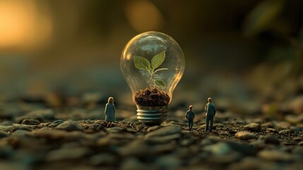 Poster - Miniature Figures Gazing at a Plant Growing Inside a Light Bulb