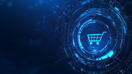 Aufkleber - Abstract futuristic background with a glowing blue hologram shopping cart icon in a circle on a dark blue digital technology and online store concept