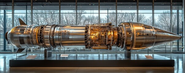Poster - A Detailed View of a Large Metal Jet Engine on Display