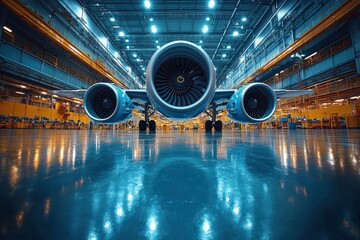 Poster - Airplane Engine Close-Up in Hangar with Lights Reflecting on Floor