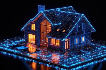 Aufkleber - futuristic smart home with glowing blue and orange lines