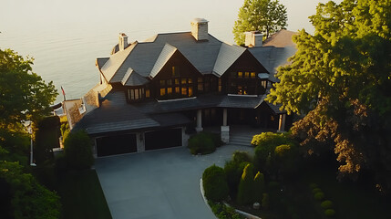 Poster - Aerial view of the exterior of a large luxury home with an attached garage on the lake Michigan shore in a scenic neighborhood with a driveway and landscaping