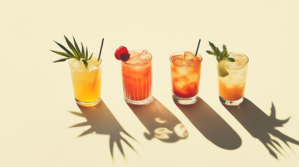 Poster - Three glasses of different tropical cocktails arranged on the right side, each with a minimal fruit garnish and ice cubes, casting long shadows against an off-white background