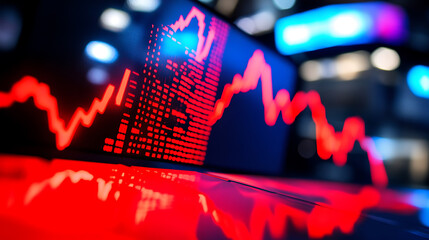 Aufkleber - The stock market chart is going down with a blurred background in red and blue colors Stock charts are going down against a blurry background
