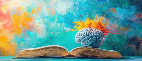 Aufkleber - Open Book with Brain Model and Exploding Paint