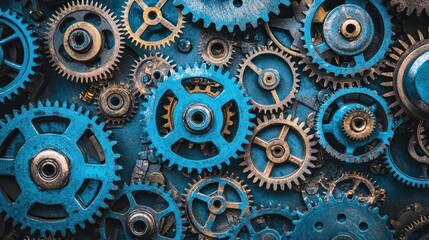 Poster - Close-up of Interlocking Blue and Gold Metal Gears