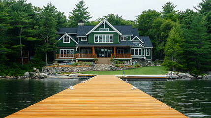 Poster - Beautiful lake house with dock shows a large wooden deck leading up to the front of a green colored craftsman style home with white trimmed windows