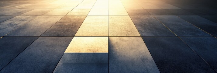 Poster - The warm glow of sunset casts intricate light and shadow patterns across the paving tiles, enhancing the serene ambiance of the space. Generative AI