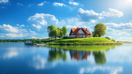 Poster - Beautiful lakefront home with dock and boat for summer A lake sits at the end of an island across from it on a sunny day with a blue sky and white clouds house on a grassy hill