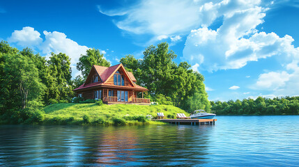 Poster - Beautiful lakefront home with dock and boat for summer A lake sits at the end of an island across from it on a sunny day with a blue sky and white clouds house on a grassy hill