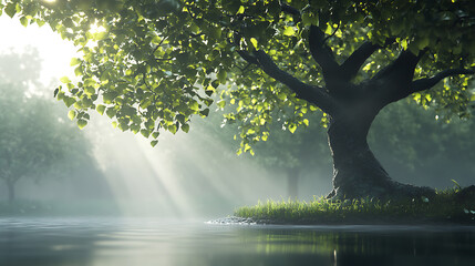 Poster - Beautiful tree with green leaves on the river bank in summer, sunlight and fog in the background