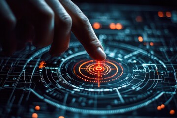 Aufkleber - A finger touching a glowing red target on a futuristic interface