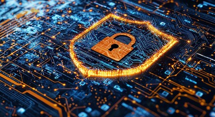 Aufkleber - A glowing padlock symbol on a circuit board representing digital security.