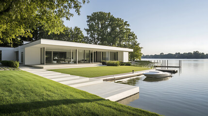 Poster - Wide angle photo of the front porch and lake view from behind an all white modern home with green grass, dock and boat in the foreground