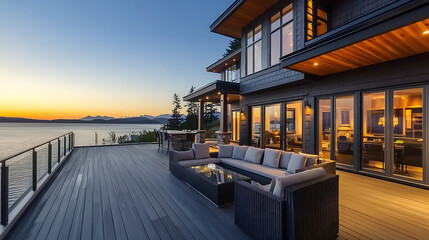 Poster - Beautiful wooden deck with modern outdoor furniture overlooking the water, overlooking an expansive lake during golden hour The house has dark grey wood shaker style walls and roof